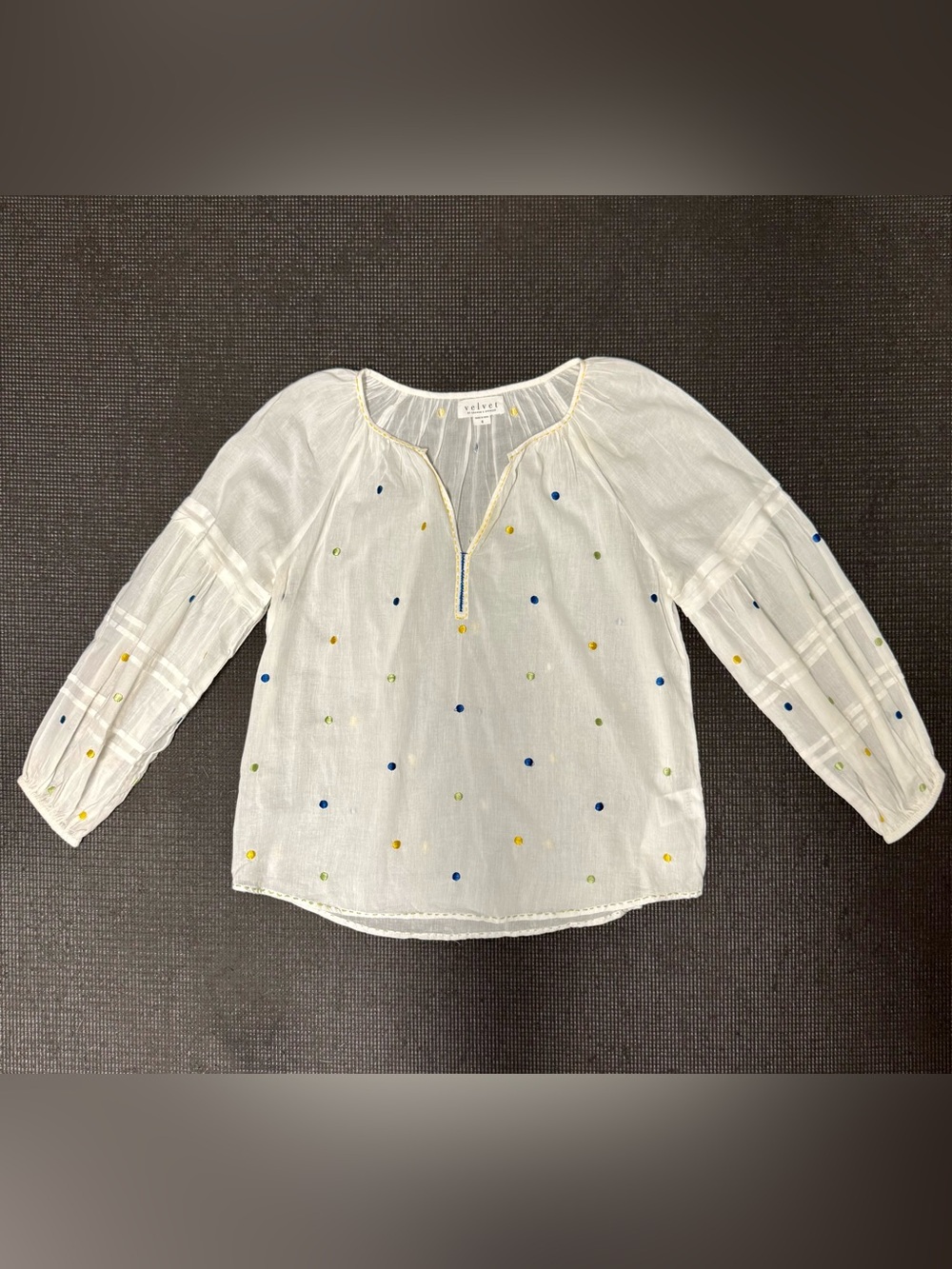 Velvet by Graham & Spencer White Peasant Blouse with Blue, Yellow & Green Dots